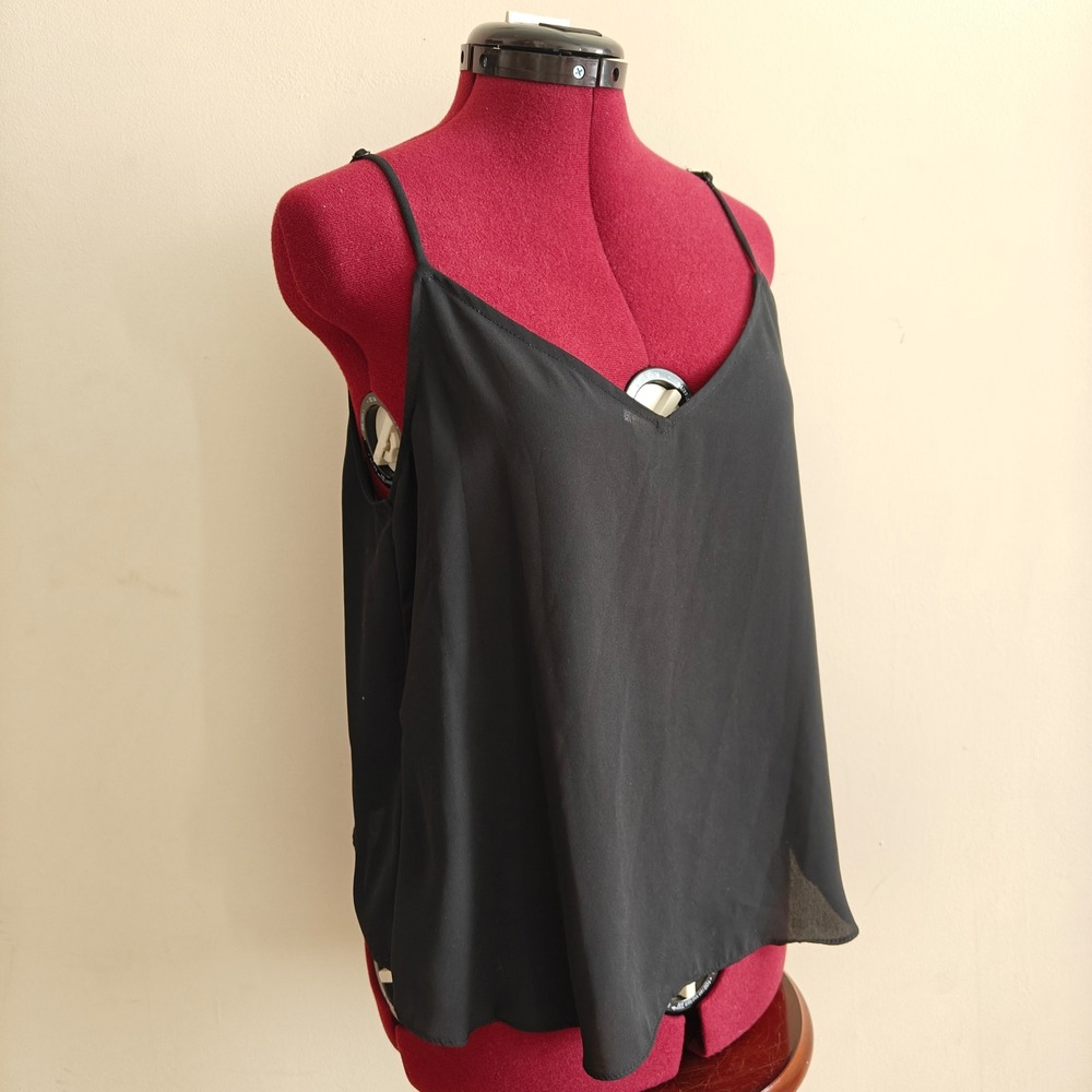 Black V Neck Sheer Camisole Tank Top Crossover Back Adjustable Flowy Medium